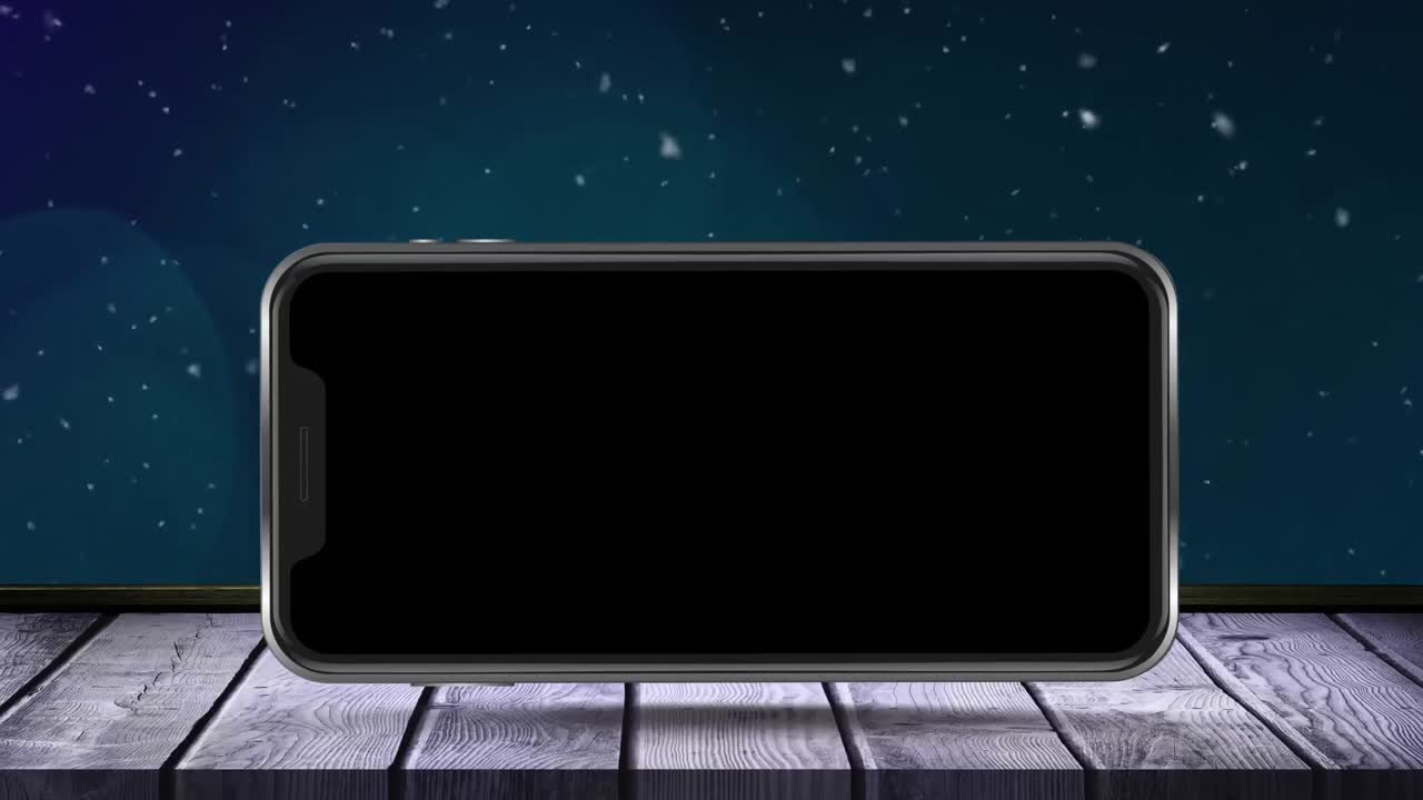 Animação de tela de smartphone em branco em superfície de madeira sobre cenário de inverno