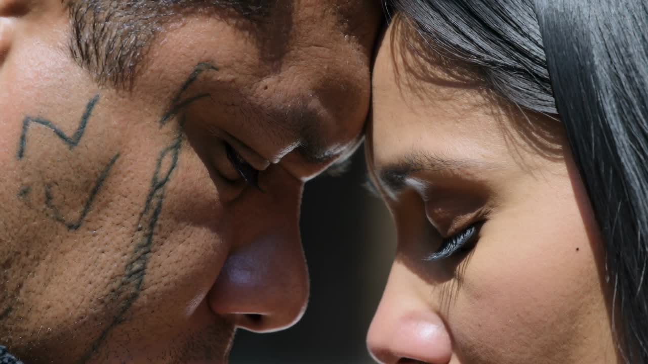 Casal aproximando os rostos em close-up de estúdio, mostrando tatuagens, maquiagem e cílios.