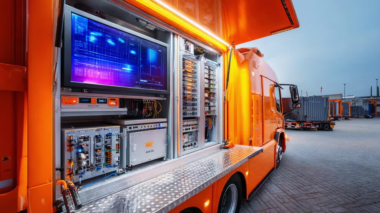Exploring the Innovative Design of an Advanced Mobile Technical Unit Featuring a High-Tech Interior with Control Systems and Enhanced Visualization Capabilities in an Urban Setting