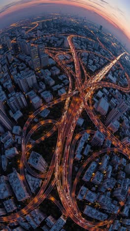 aerial view of city interchange at sunset