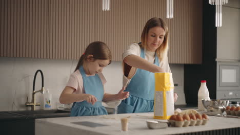 adult woman and little girl are cooking in sunday in home sifting flour for pancakes mother and daughter