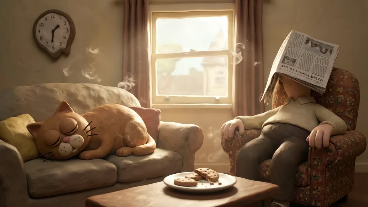 Personagem de massinha e gato descansando em uma sala de estar aconchegante