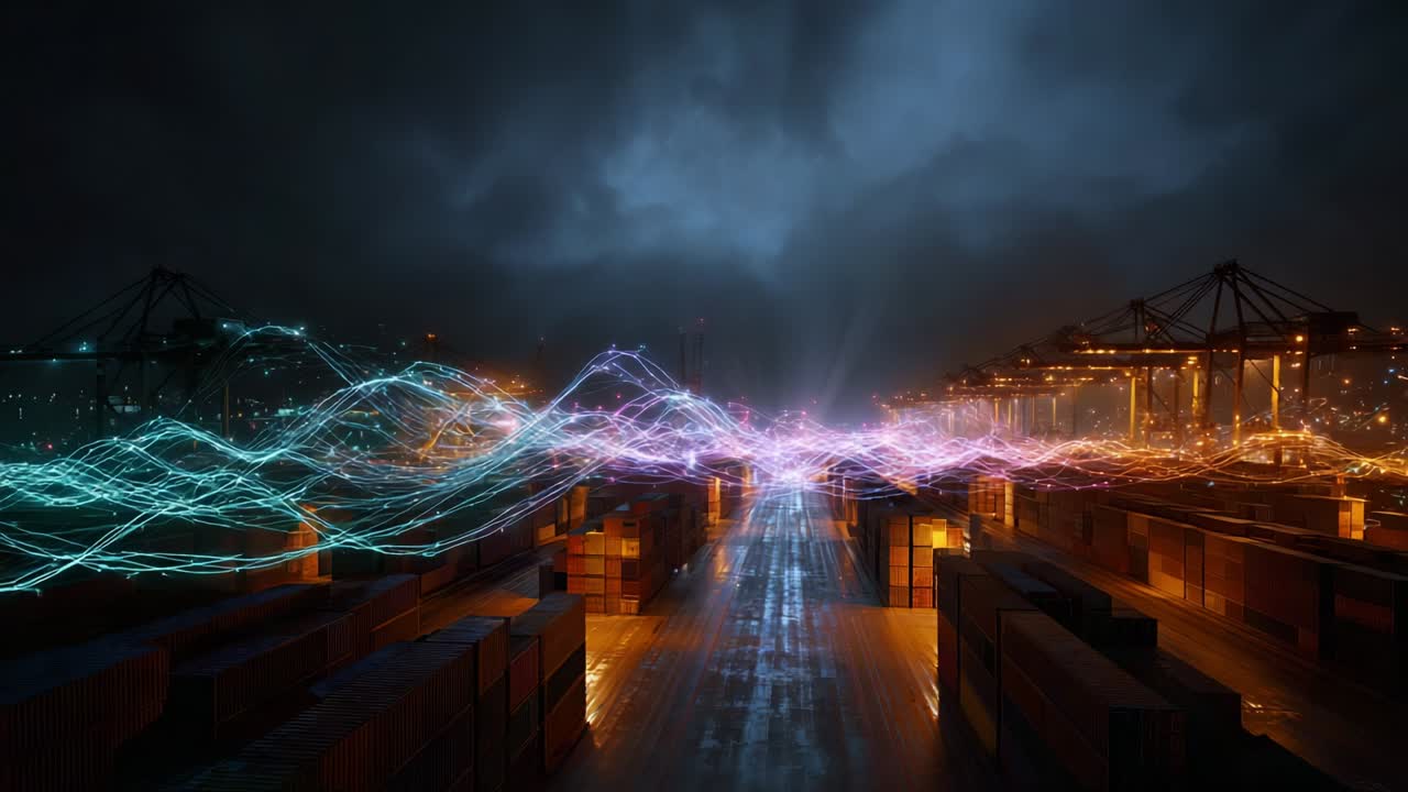 A captivating view of a sprawling harbor at twilight, showcasing illuminated shipping containers and dynamic light trails cutting through the night sky, evoking a sense of energy and movement in the urban landscape