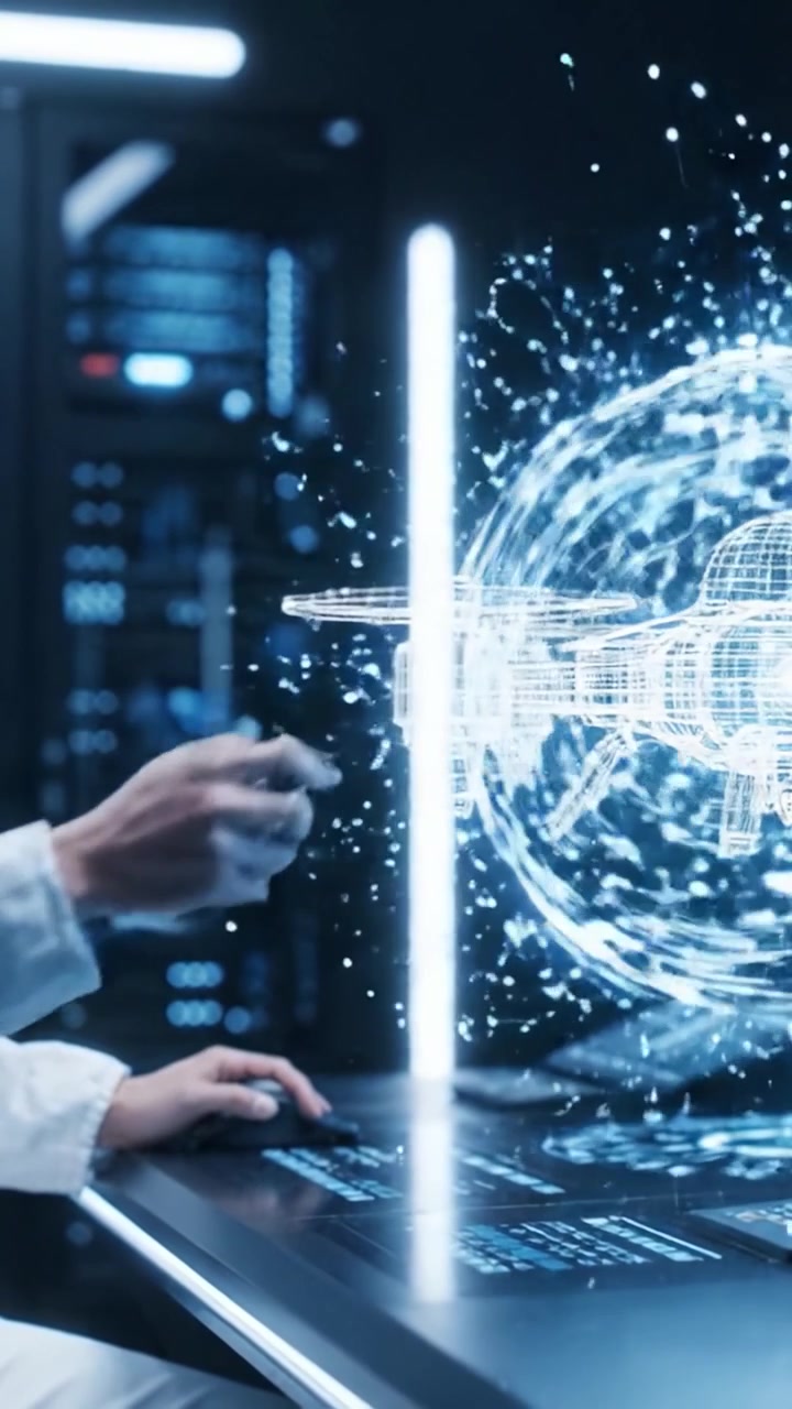 A futuristic technician interacts with a holographic interface, manipulating advanced data and visuals as they explore complex digital environments within a high-tech control room.