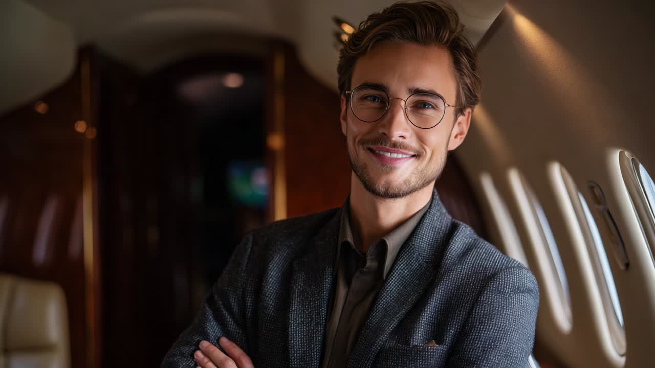 A stylishly dressed young man exudes confidence and charm while standing inside a luxurious private jet, showcasing a perfect blend of sophistication and ease as he smiles at the camera
