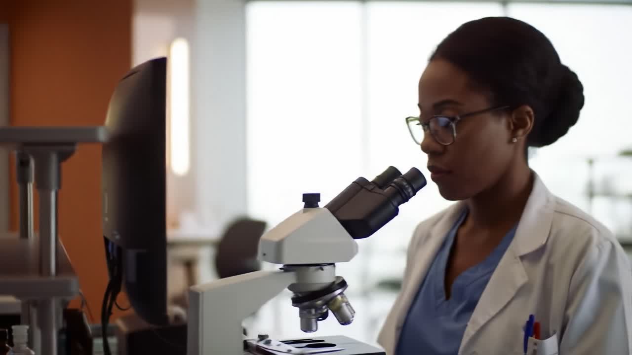 A scientist conducts careful research, utilizing a microscope to examine samples in a modern laboratory environment, showcasing the intricate process of scientific exploration