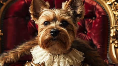 a small dog sitting on a red and gold throne