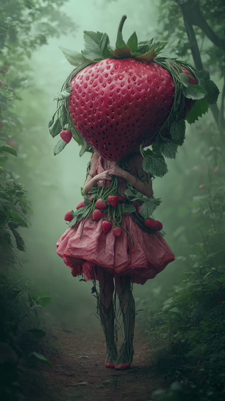 Una stravagante fantasia di fragole che prende vita all'interno della vibrante e lussureggiante vegetazione della natura.