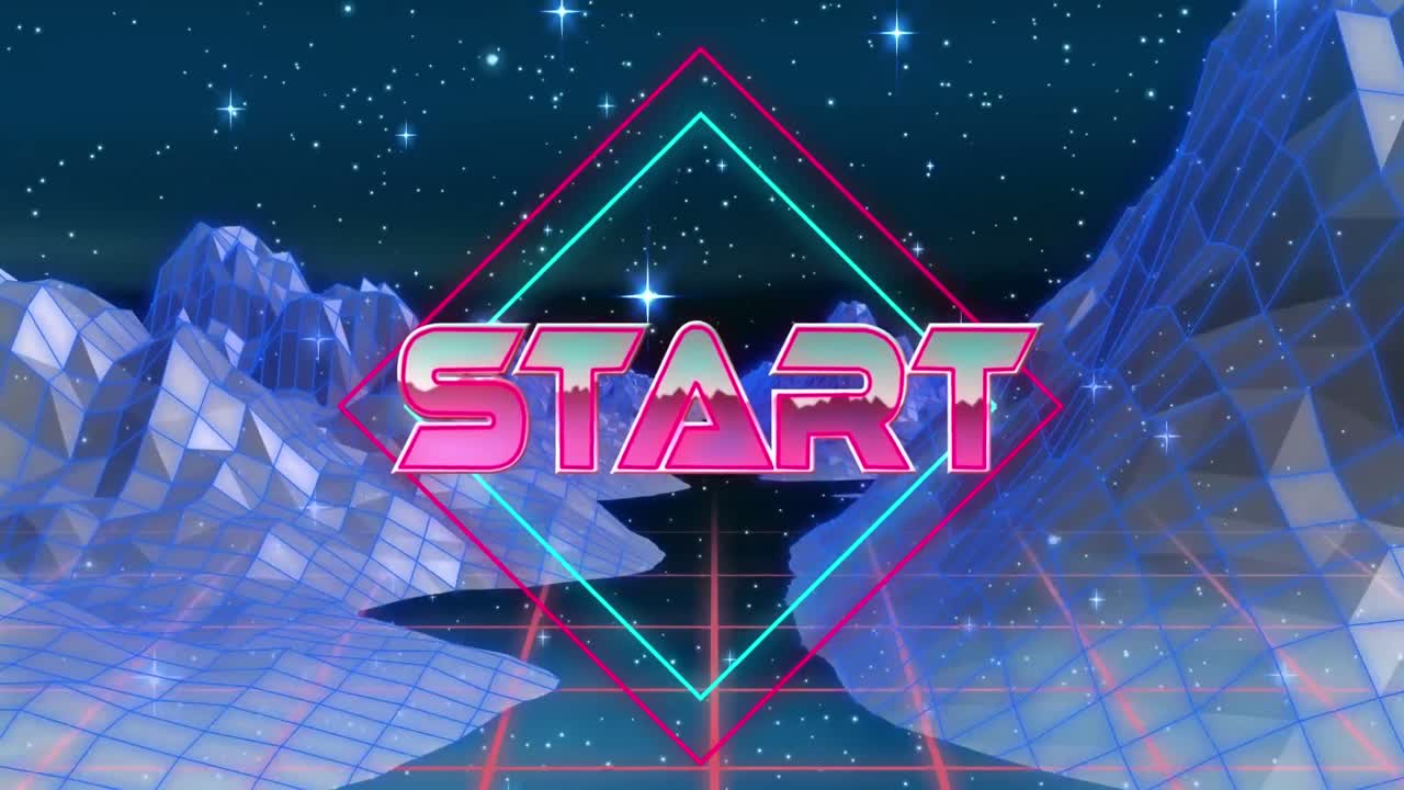 Animation of the word Start written in metallic glowing pink letters