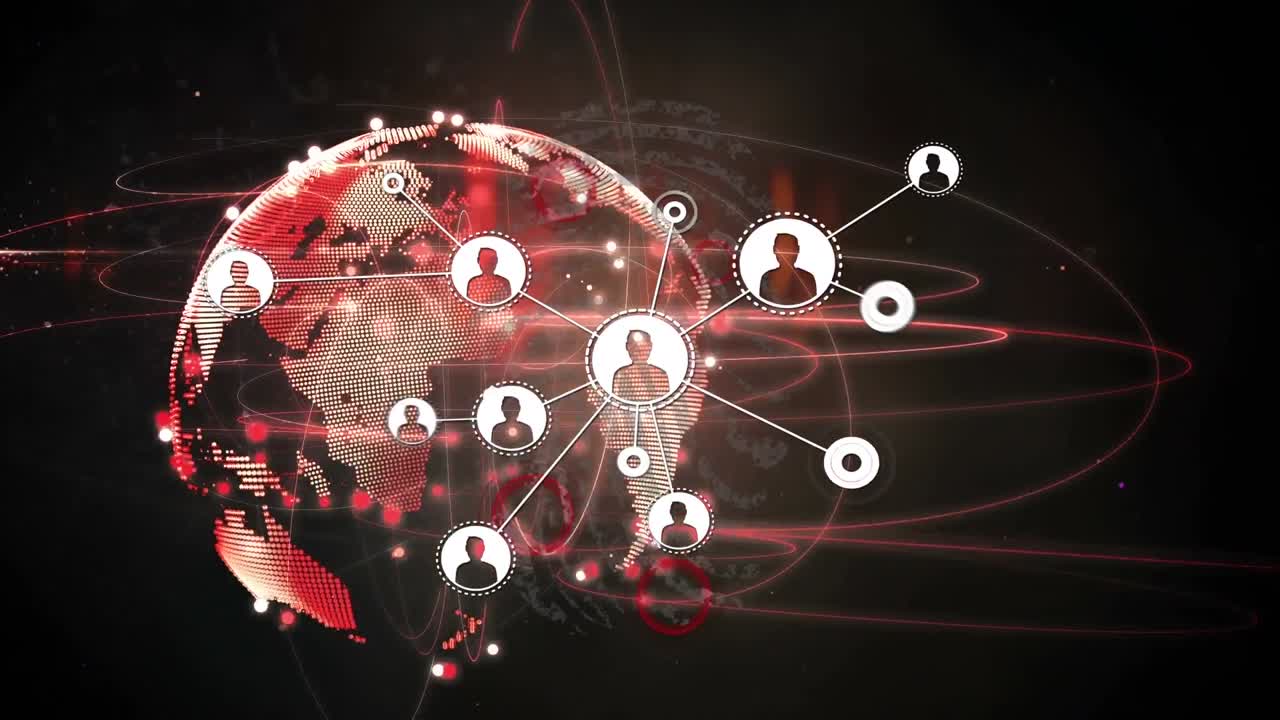 animación de una red de iconos de perfil y senderos de luz roja sobre un globo giratorio sobre un fondo negro.