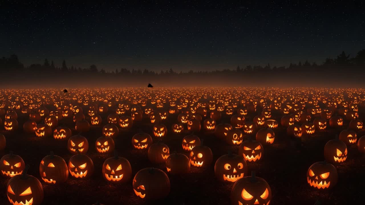 A Haunting Display of Illuminated Pumpkins Stretching Across the Night Landscape, Creating an Eerie Yet Captivating Ambiance Perfect for Halloween Celebrations