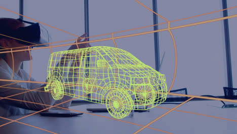 animazione di un disegno digitale 3d di un'auto sopra un uomo utilizzando un auricolare vr