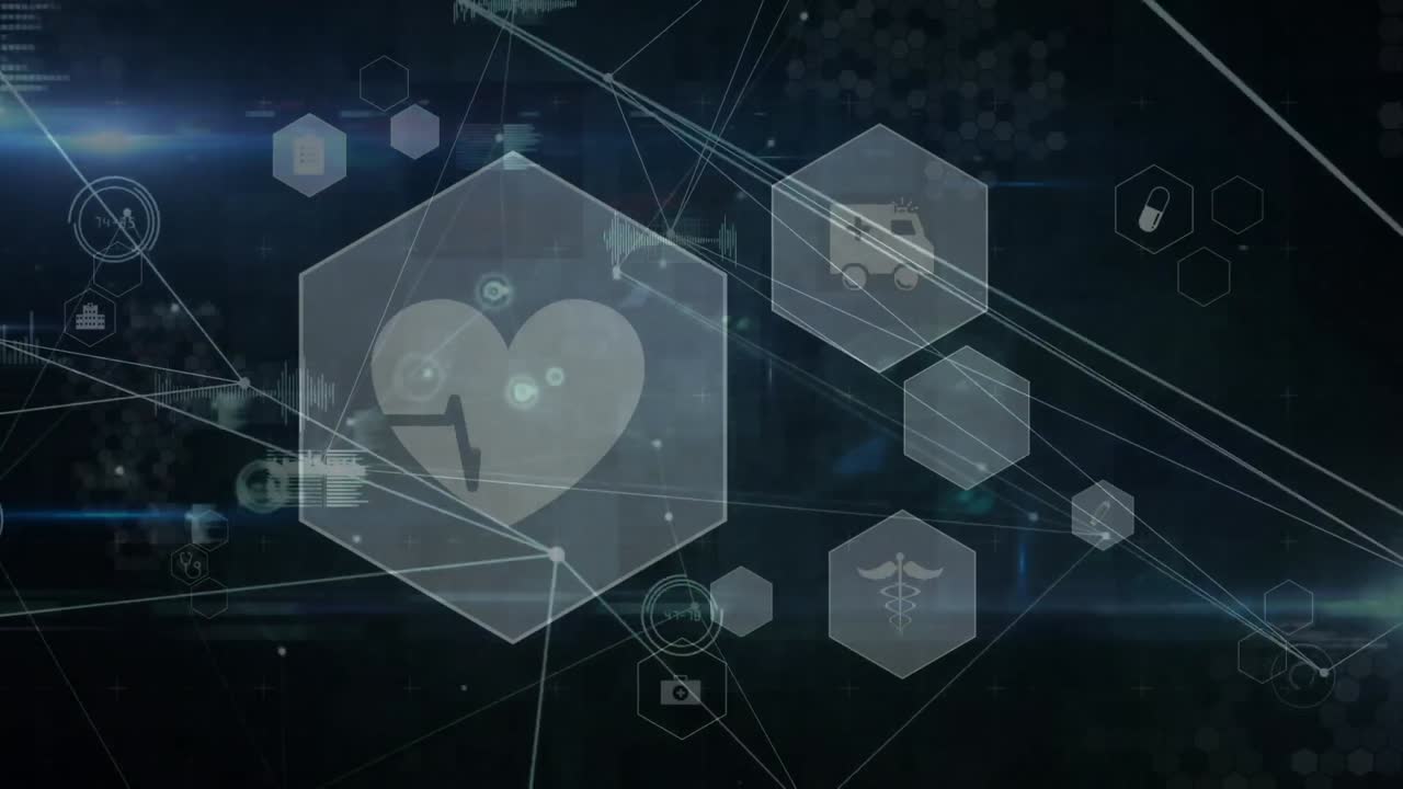어두운 파란색 배경에 의료 아이콘으로 연결 네트워크의 애니메이션