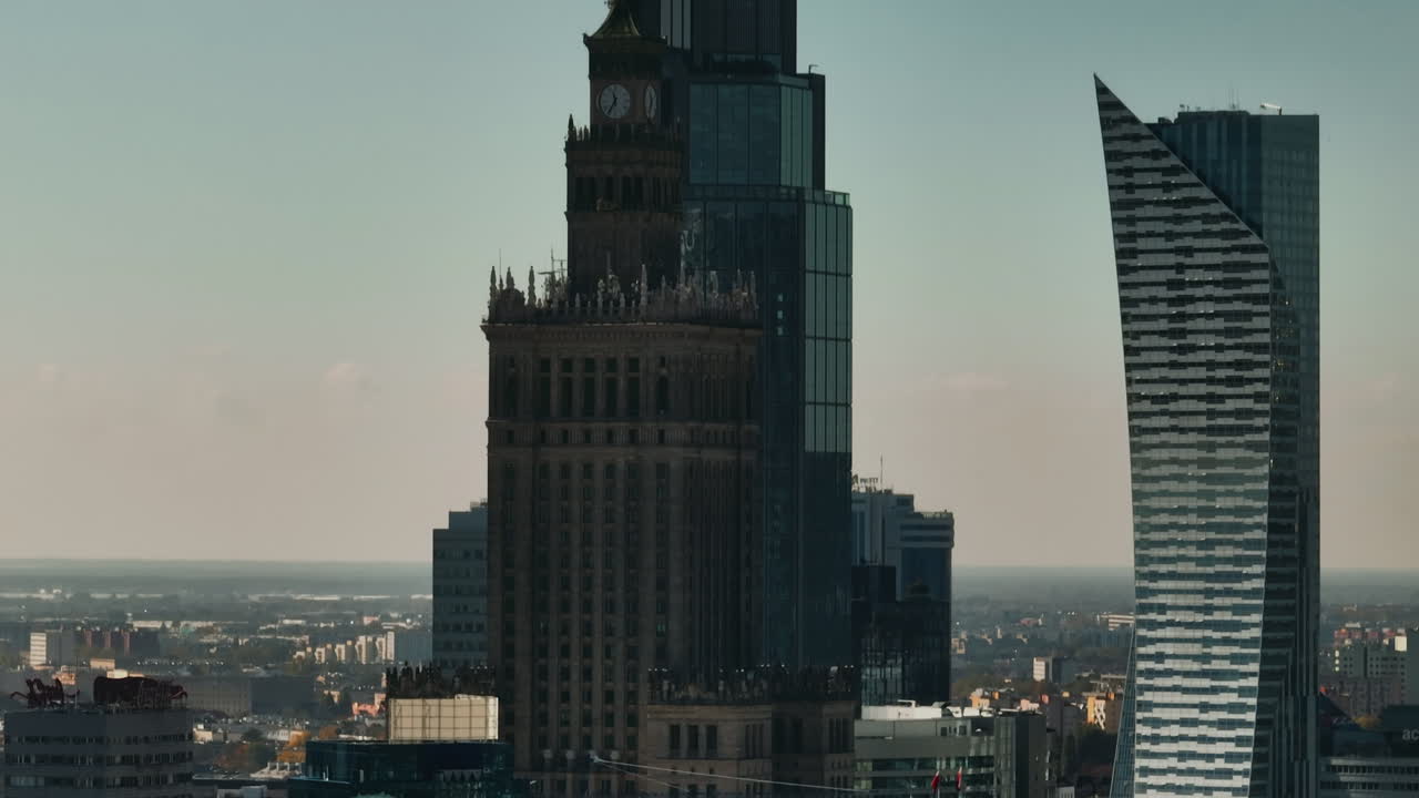 Ascending aerial drone footage of urbanistic panorama in Warsaw,Poland's capital