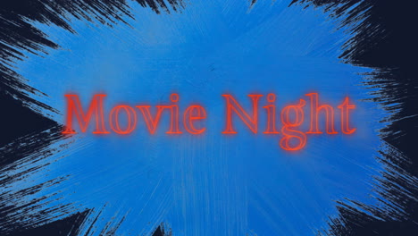 animation of neon orange movie night text over blue banner against black background