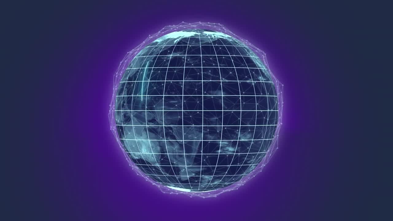 animación de globo con red de conexiones con brillo púrpura en fondo negro