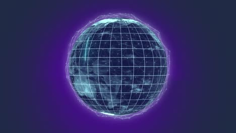 Animation-of-globe-with-network-of-connections-with-purple-glow-on-black-background