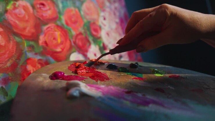 Artist's Hand Mixing Vibrant Paint Colors on a Palette