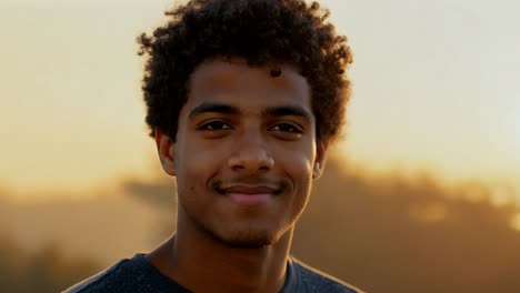 a young man smiles at the camera during golden hour