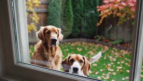 two dogs looking through a window from the backyard