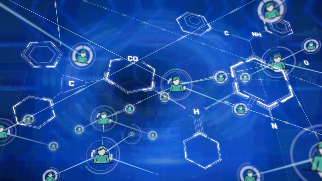 파란색 배경에 화학 공식에 대한 연결의 애니메이션