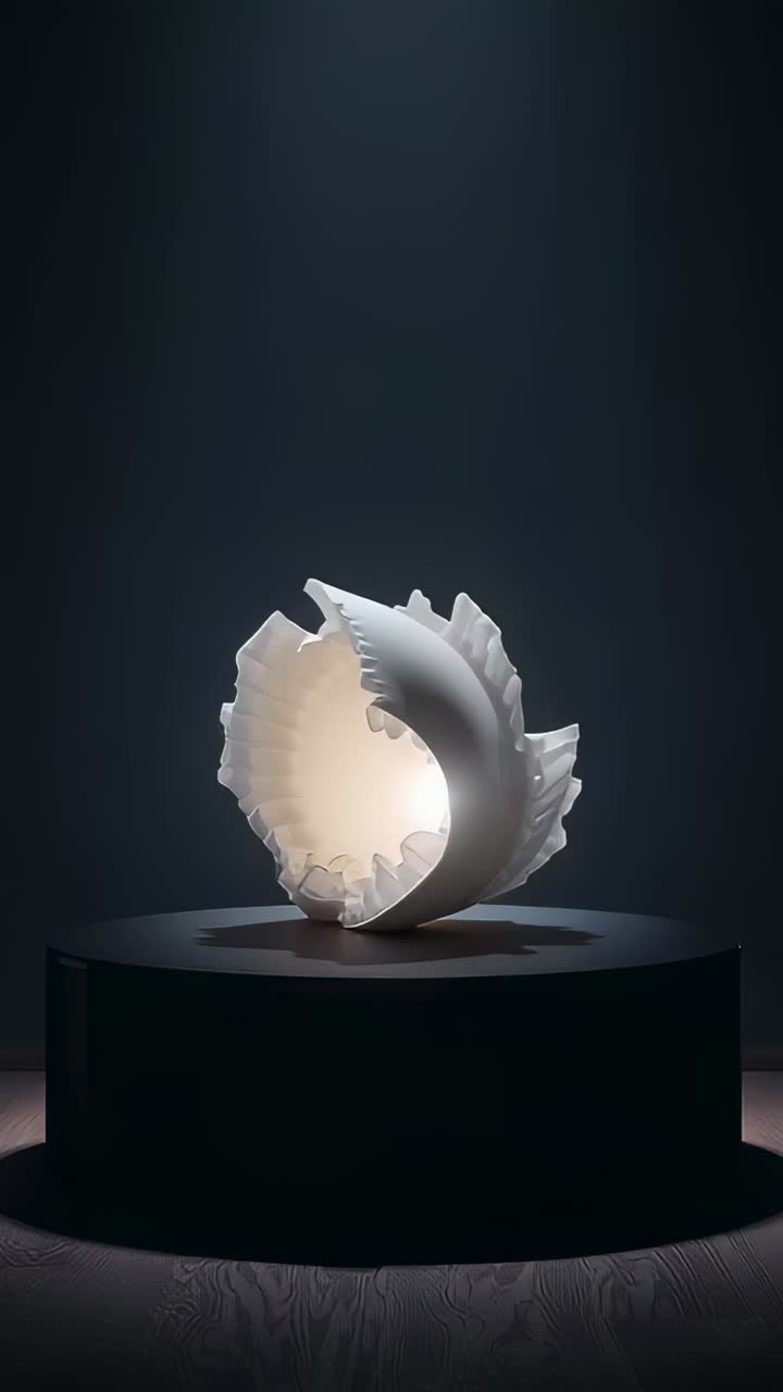Vertical video: Motor starting, white shell rotating on plinth under top lamp, revealing ruffles