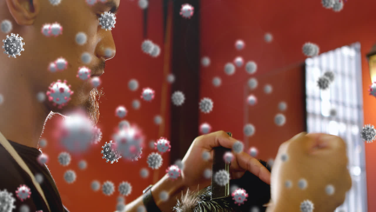 코로나19 세포는 미용실에서 털을 자르는 이발사에 대항합니다.