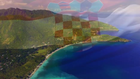 Animación-De-La-Bandera-De-Croacia-Ondeando-Sobre-El-Paisaje-Marino.