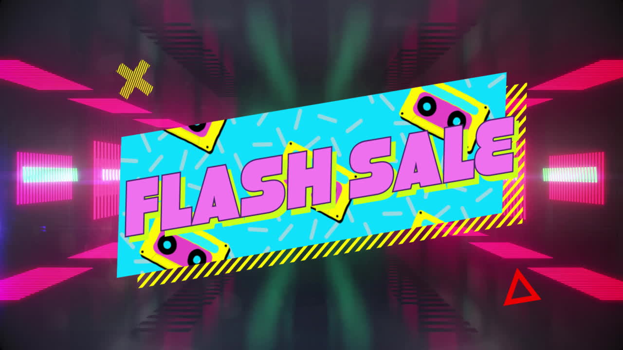 Colorful retro animation with cassette graphics on vibrant background for flash sale
