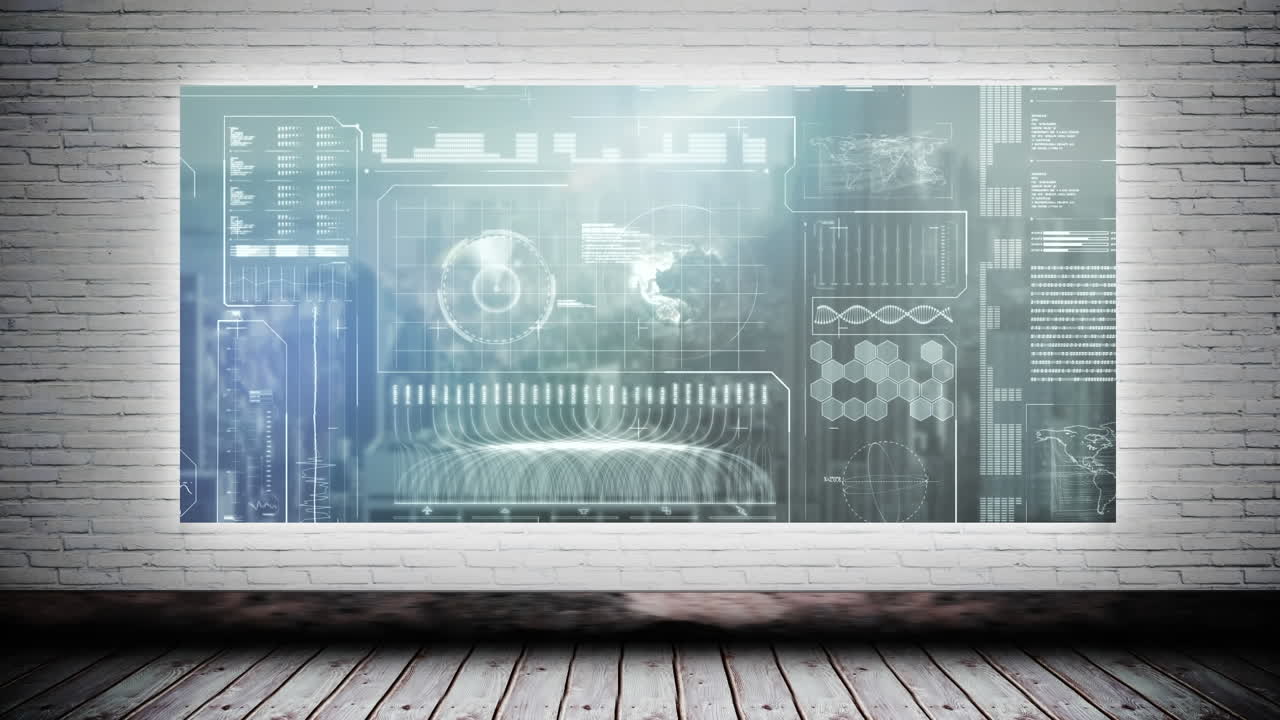 백색 벽돌 벽에 데이터 처리 인터페이스의 애니메이션