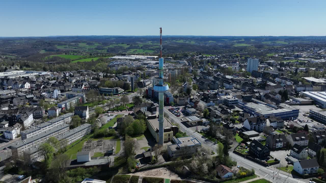 telecommunication tower in Velbert, nicknamed Telebert, aerial video. Broadcasting and radio signals. antenna, 5G, connectivity.
