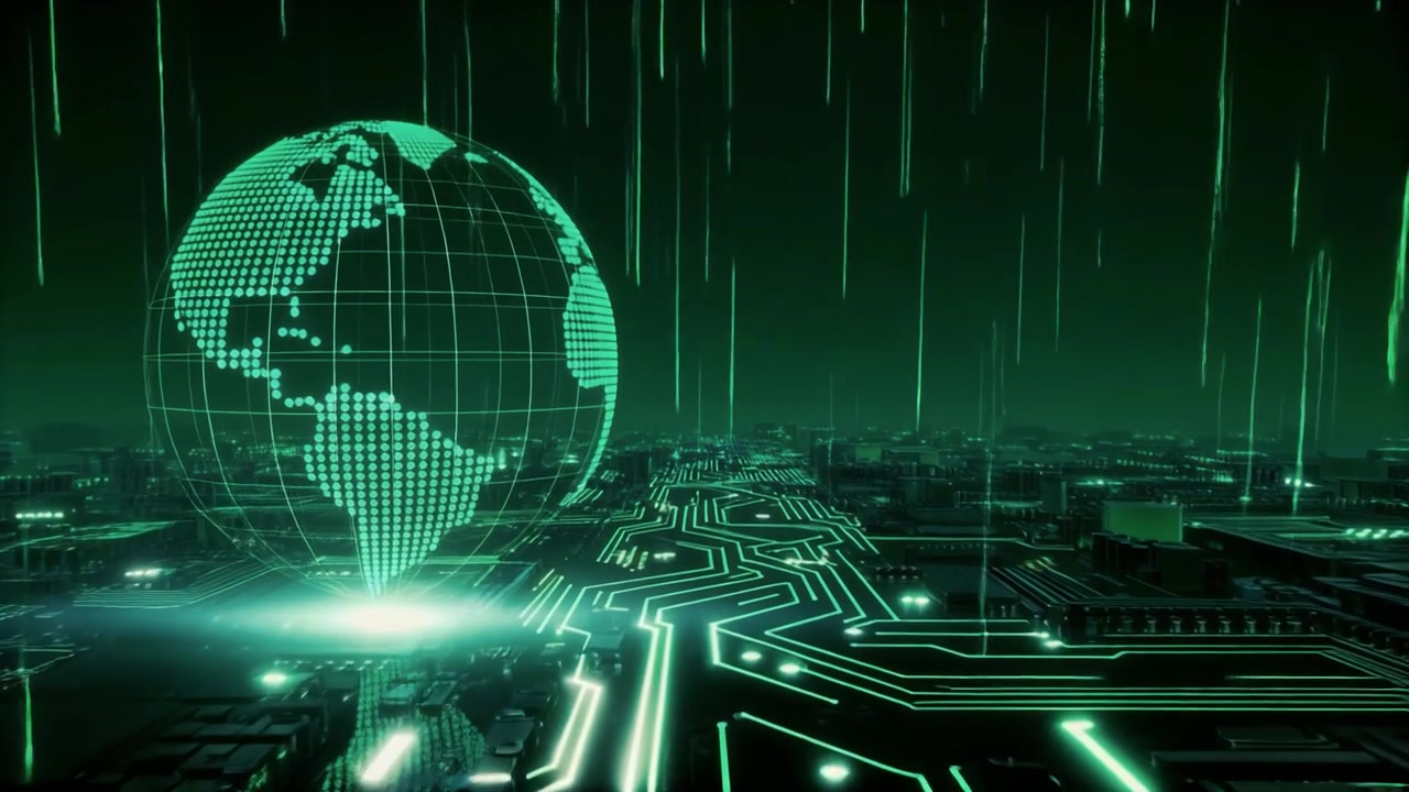 Digital Globe Rotating Above Futuristic Circuit Board with Data Streams