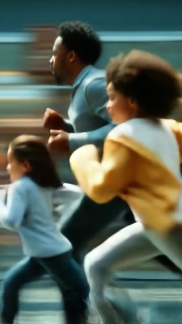 Dynamic Motion Captured: A Man Running with Two Children in an Urgent Race Through a Blurred Urban Environment, Emphasizing Speed and Togetherness