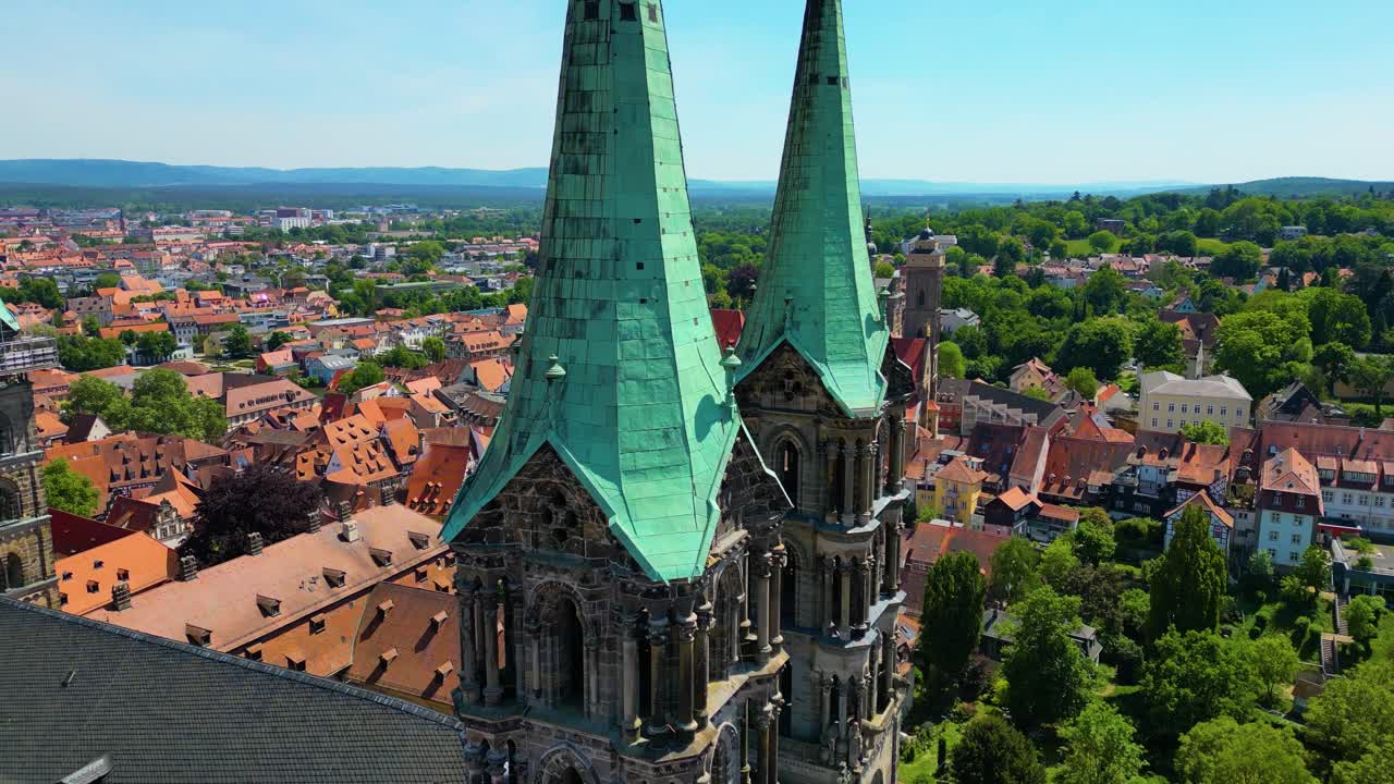 4K Aerial Drone Video of the Beautiful Copper Spires on the Bell Towers of the Bamberg Cathedral in the Old Town area of Bamberg, Germany