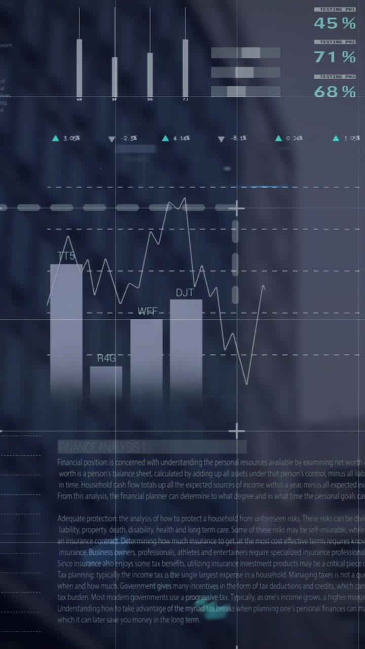 Animation of infographic interface over low angle view of modern building against sky