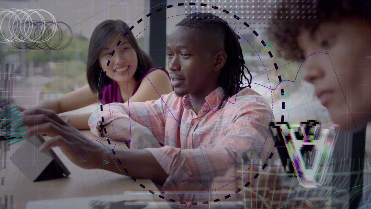 Central man reaching and tapping tablet at counter, dotted circle expanding while peers studying