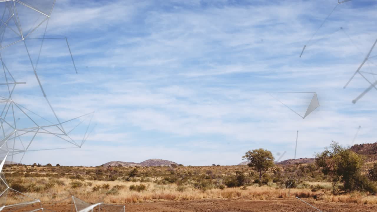 Wireframe clusters drifting in sunlit plain outlining heart shape while pink stars orbit forming