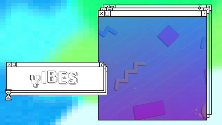 Animation af 'vibes'-tekst over computerskærme og levende baggrund
