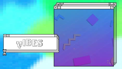 animation of vibes text over computer screens and vibrant background