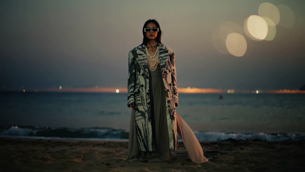 Fashionable woman in luxury outerwear on the beach at dusk