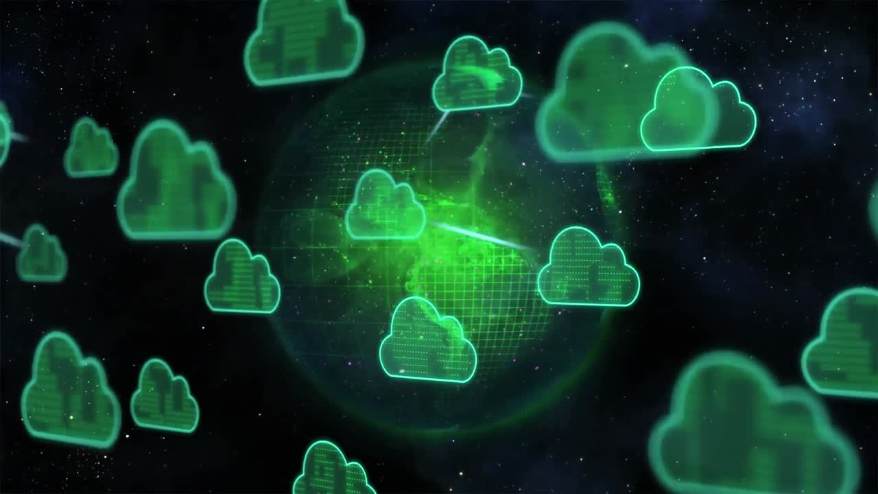 animación de iconos de nubes y procesamiento de datos en todo el mundo