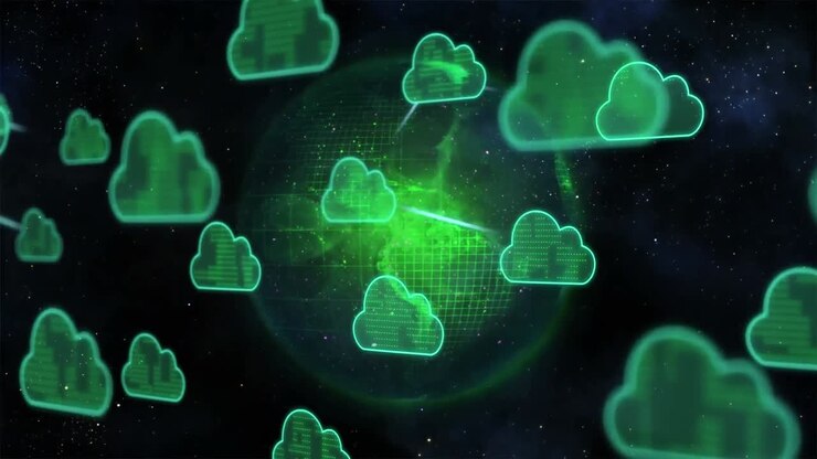 Animation of cloud icons and data processing over globe