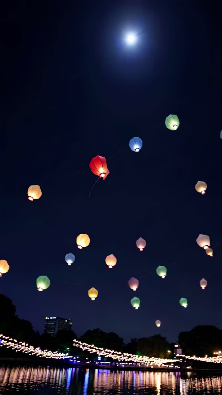 A low-angle video captures colorful lanterns floating against a night sky, with a bright moon
