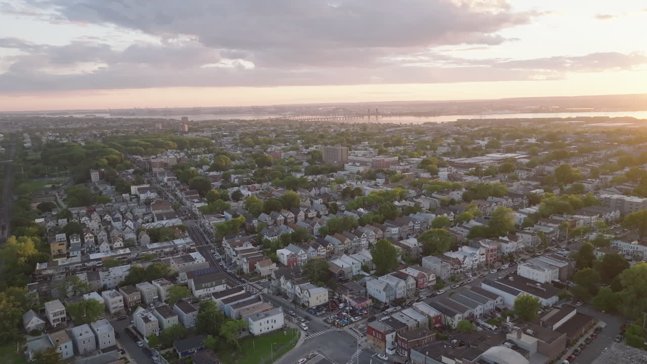 Aerial view of suburban homes in New Jersey. Shot at sunset