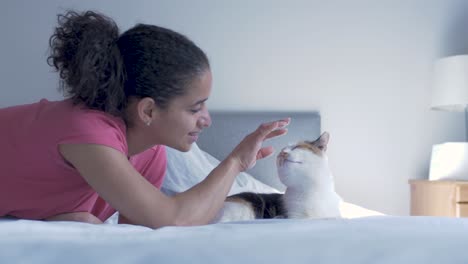 young brazilian woman strokes a cat in the bed