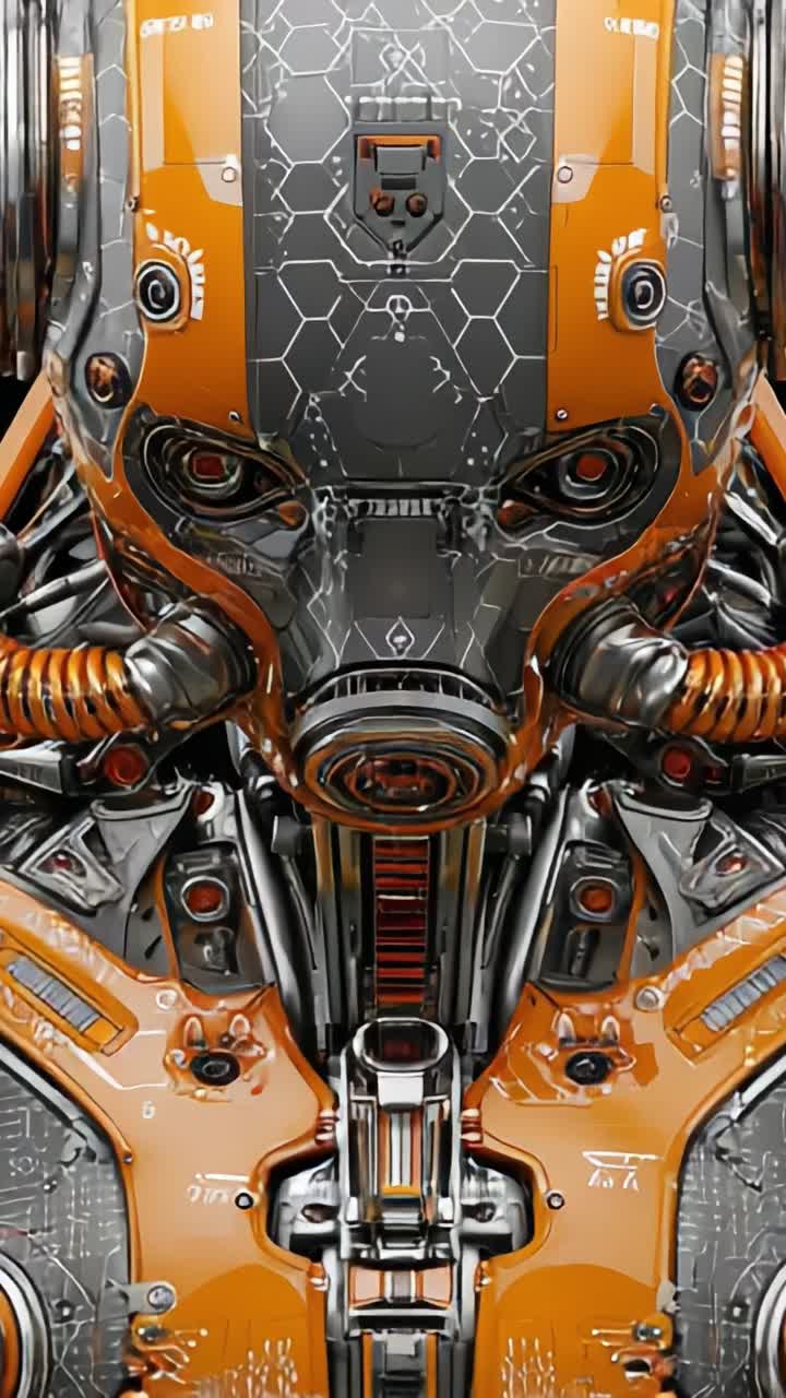 Intricate Cybernetic Design: An Analysis of a Futuristic Robotic Face Featuring Metallic Textures and Advanced Technology in an Orange and Grey Color Palette