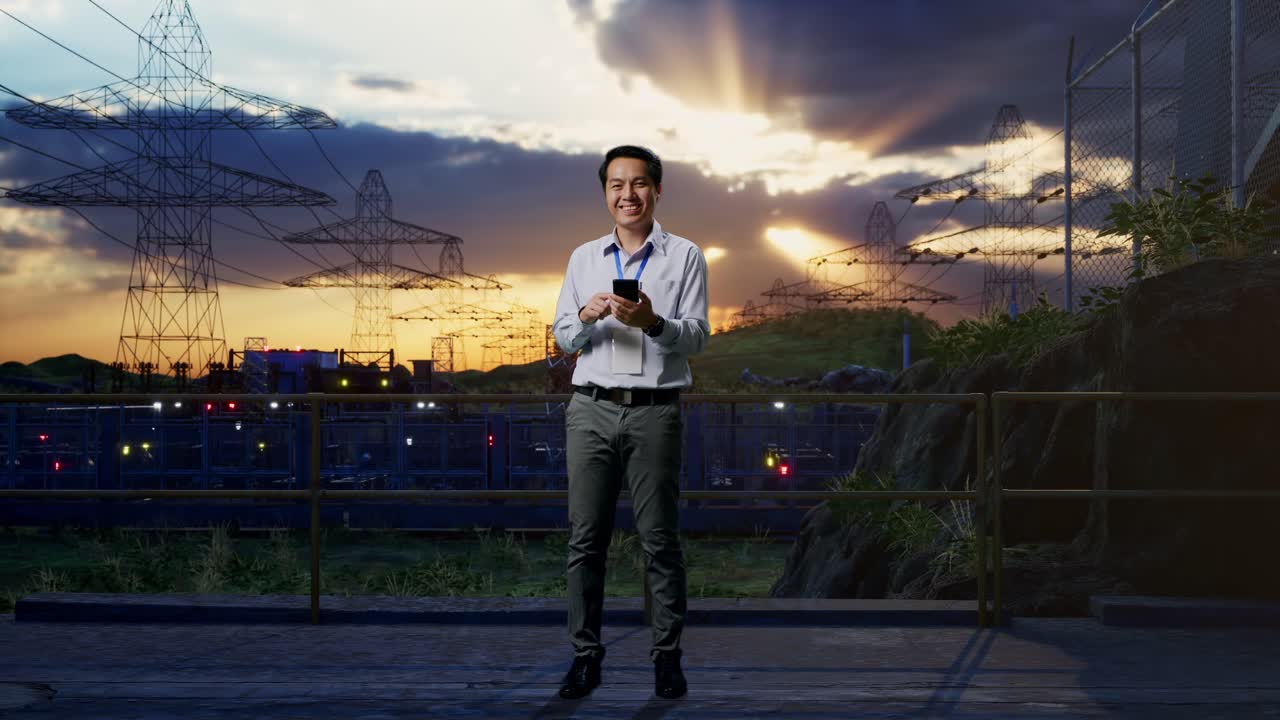 Full Body Of An Asian Male Professional Worker Standing With His Smartphone Near High Voltage Tower, Industrial Facility, He Is Looking At The Camera With A Smile