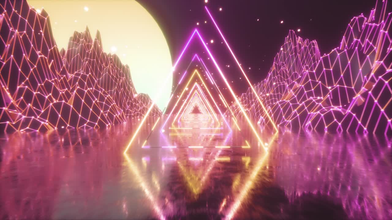 80's abstracto retro fondo futurista. hermosa animación con triángulo de neón ultravioleta luces modernas. estilizado de onda retro. volando en el espacio con partículas y sol