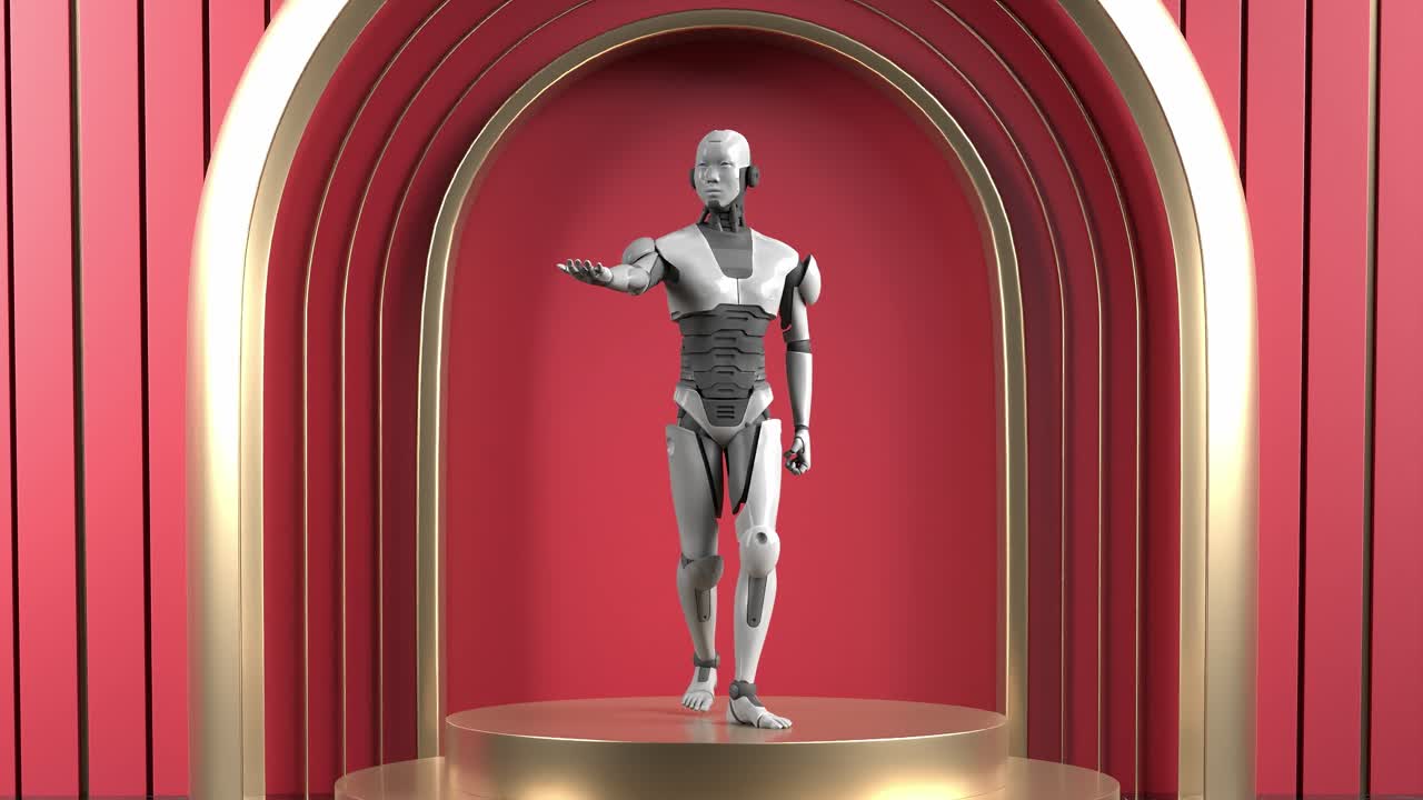 animación de renderización 3d del prototipo de robot humanoide de pie en la exhibición del producto concepto de sociedad futurista fondo del escenario rojo