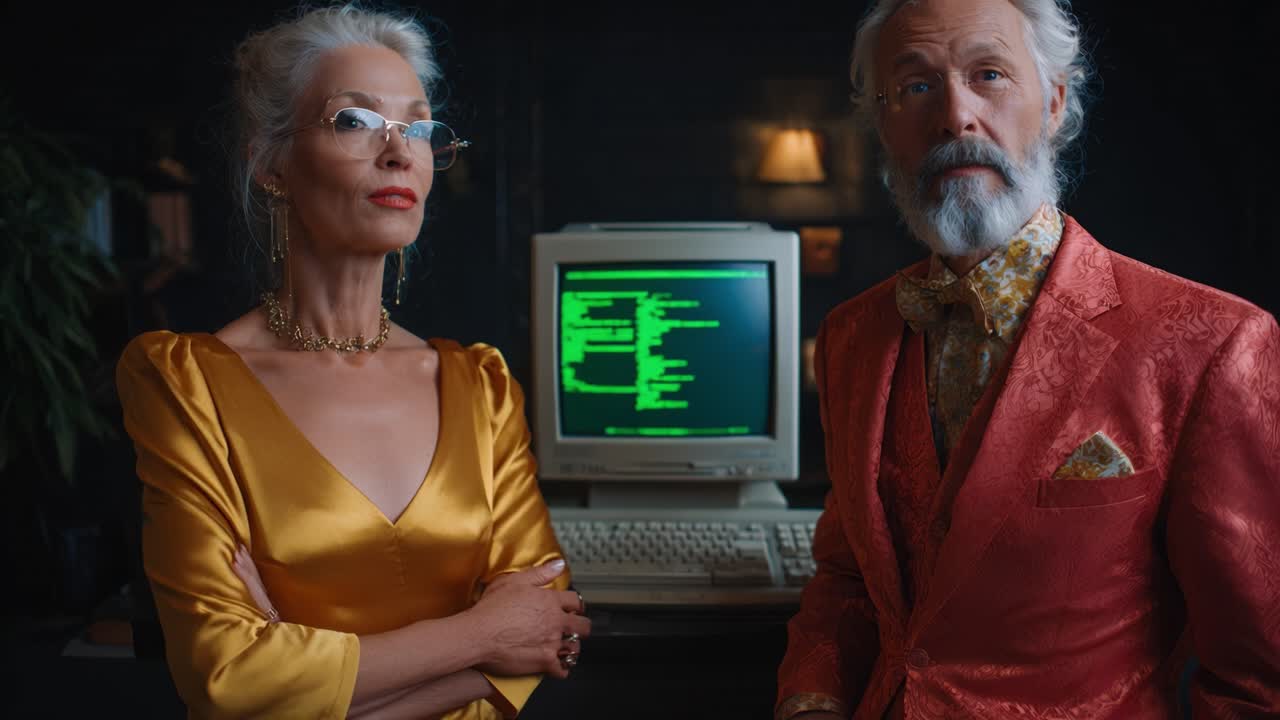 Ældre ægtepar, der udstråler selvtillid og stil, står foran en vintagecomputer, der viser kode, og fremviser en blanding af retrocharme og sofistikeret teknologistemning.